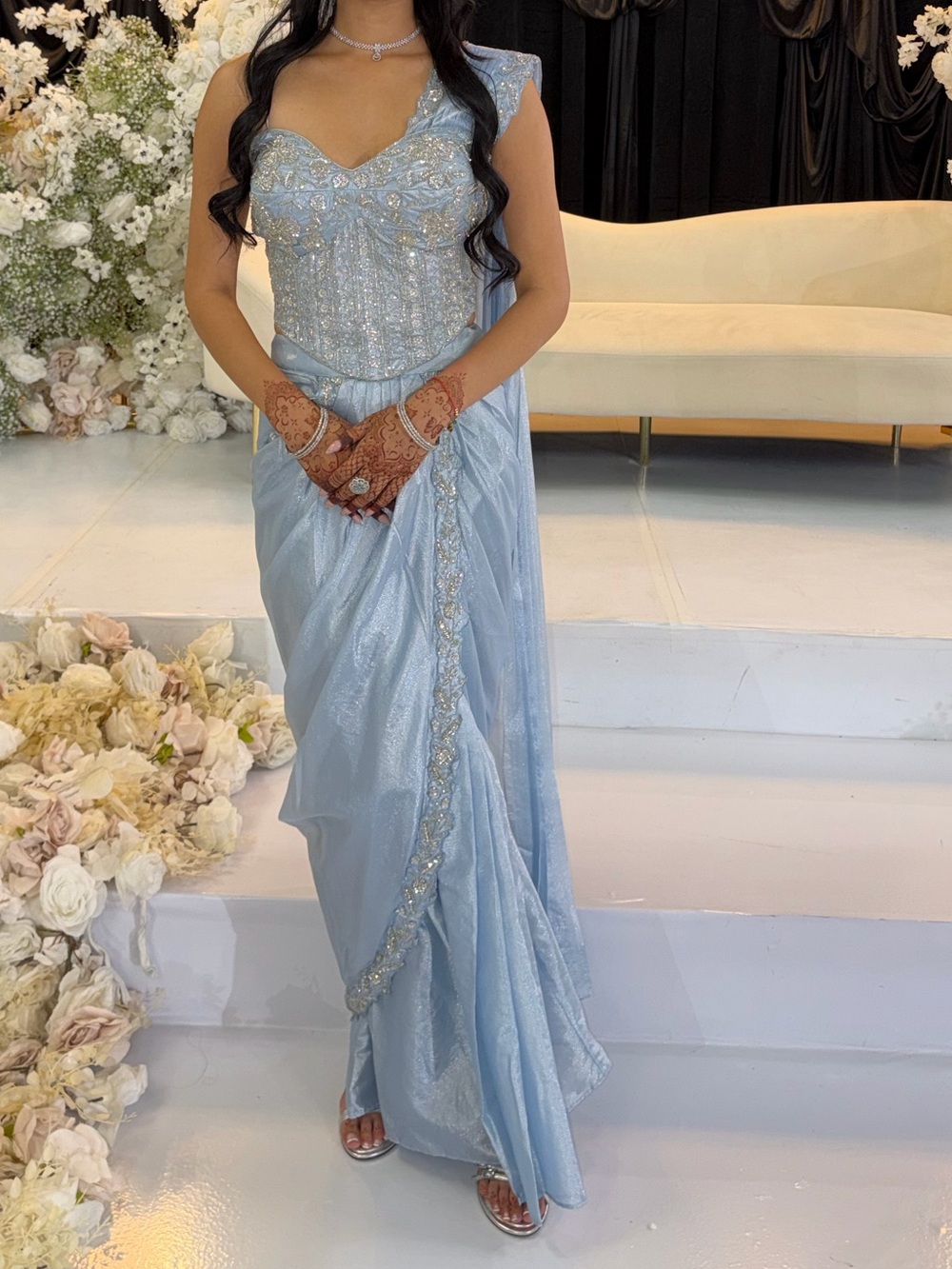 Elegant Light Blue Sequin Evening Saree Dress